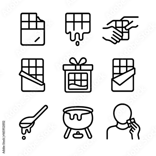 Milk Chocolate Icon Set. Outline icon set of milk chocolate consumption: chocolate bite, chocolate melting, chocolate sharing,