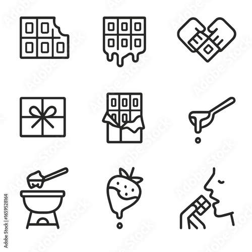 Milk Chocolate Icon Set. Outline icon set of milk chocolate consumption: chocolate bite, chocolate melting, chocolate sharing,