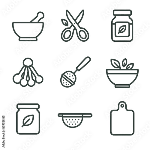 Mint Kitchen Tool Icons. Outline icon set of mint kitchen tools: mortar and pestle, herb scissors, spice jar, measuring spoons,