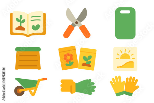 June Garden Icons. Flat vector mini-illustrations June garden maintenance tasks in colors children's