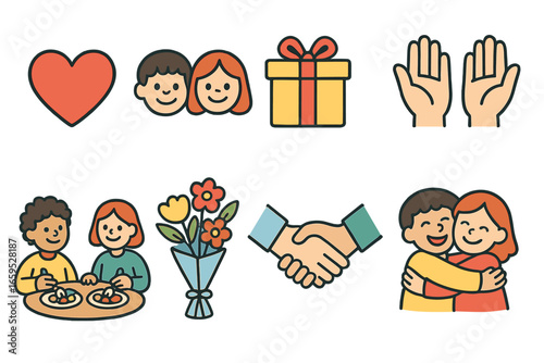 Joyful Connection Icons. Flat vector mini-illustrations Celebrating renewed connection in colors children's