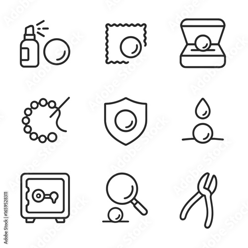 Pearl Care Icons. Outline icon set of pearl care: cleaning pearl, polishing cloth, jewelry box, pearl restringing, pearl