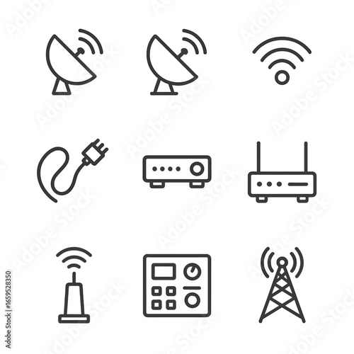 Ground Station Icon Set. Outline icon set of ground station communication: uplink antenna, downlink antenna, signal waves, fiber