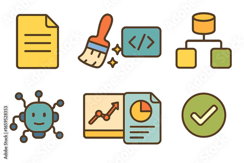 Kid-Friendly Data Workflow. Flat vector mini-illustrations Data science workflow in colors children's