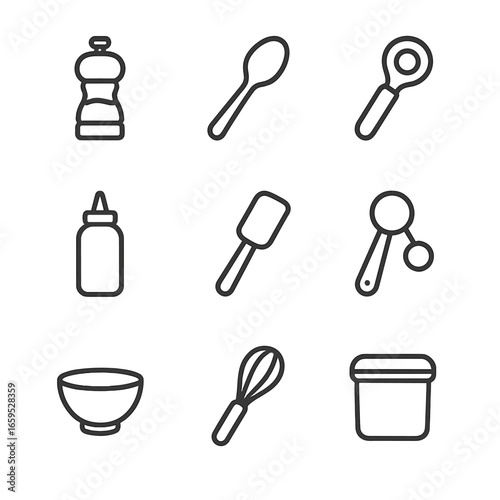 Mustard Kitchen Icons. Outline icon set of mustard kitchen tools: mustard grinder, spoon, jar opener, squeeze bottle, spatula,