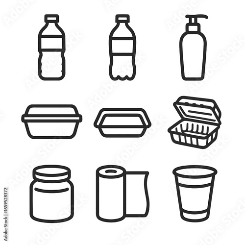 PET Product Icons. Outline icon set of PET products: water bottle, soft drink bottle, cosmetic bottle, food container, plastic
