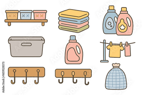 Kid-Friendly Laundry Icons. Flat vector mini-illustrations laundry storage solutions in colors children's