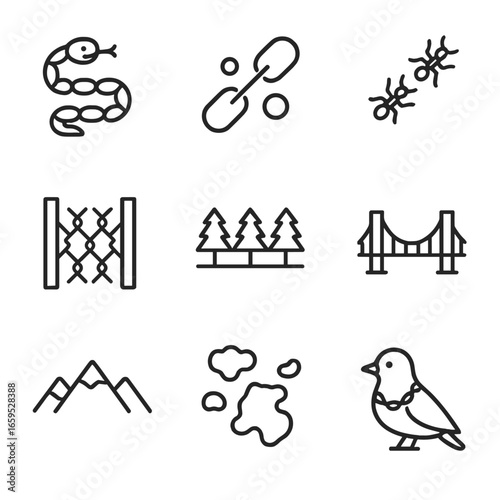 Nature Chain Icons. Outline icon set of chain in nature and animals: chain snake, chain reaction, chain of ants, chain link fence,