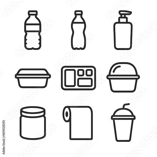 PET Product Icons. Outline icon set of PET products: water bottle, soft drink bottle, cosmetic bottle, food container, plastic