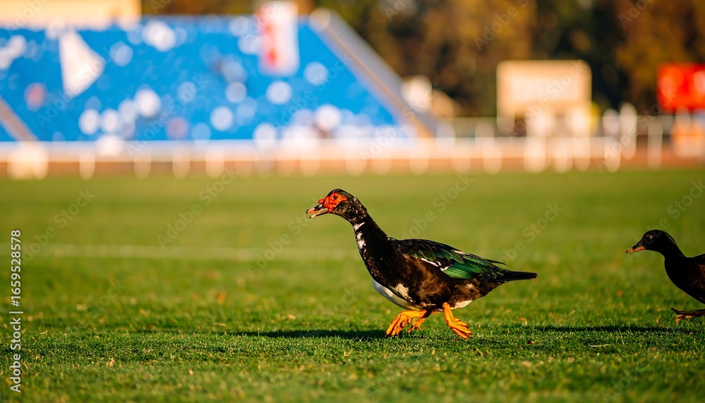 Fototapeta premium Duck on a grassy field near a stadium