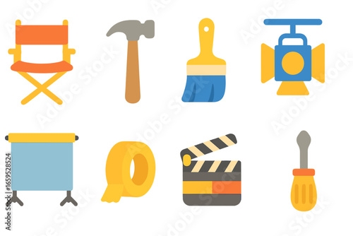 Kid's Studio Icons. Flat vector mini-illustrations set design day in colors children's illustrations: director