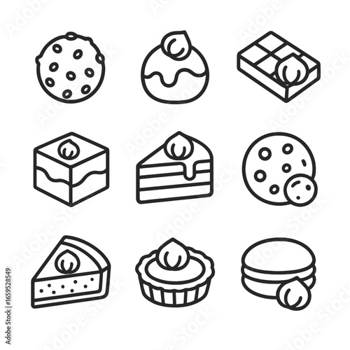 Hazelnut Dessert Icons. Outline icon set of hazelnut desserts and sweets: hazelnut truffle, hazelnut praline, hazelnut chocolate