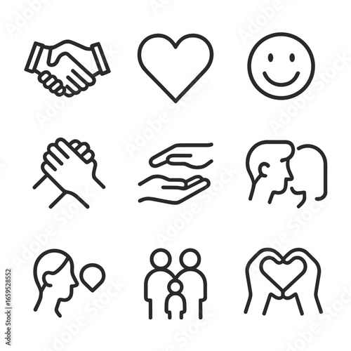 Harmony Icon Set. Outline icon set of harmony in relationships: handshake, heart, smile, connected hands, support, communication,