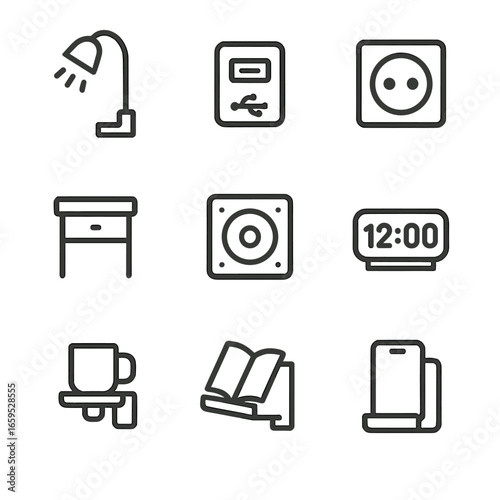 Headboard Accessory Icons. Outline icon set of headboard accessories: reading light, USB port, power outlet, nightstand, built-in