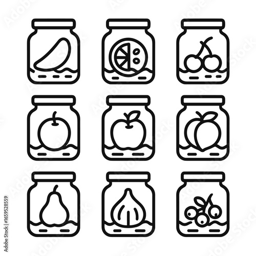 Pickled Fruits Icons. Outline icon set of pickled fruits: pickled mango, pickled lemon, pickled plum, pickled cherry, pickled