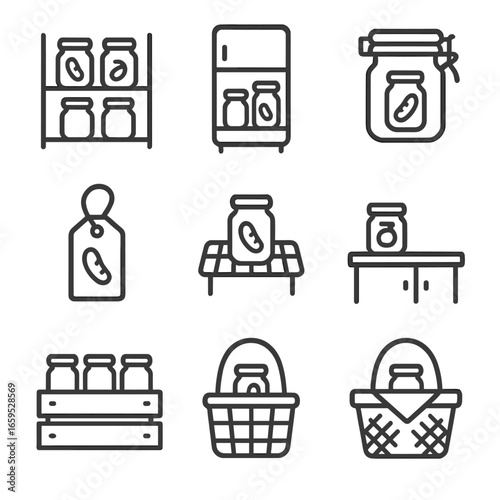Pickled Food Icons. Outline icon set of pickled food storage: pantry shelf, refrigerator, sealed jar, label tag, cooling rack,