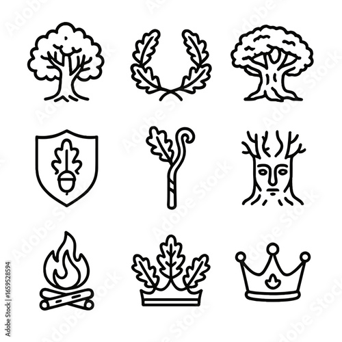 Oak Folklore Icon Set. Outline icon set of oak folklore and symbolism: mighty oak, oak leaf wreath, ancient oak tree, oak acorn