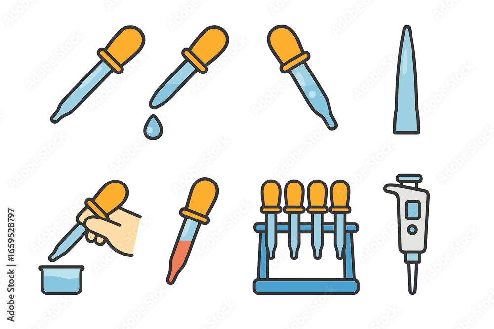 Obraz premium Pipette Icon Showcase. Flat vector mini-illustrations pipette basics in colors children's illustrations: single pipette, pipette