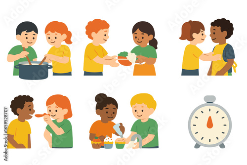 Kids Cooking Fun. Flat vector mini-illustrations cooking together in colors children's illustrations: stirring