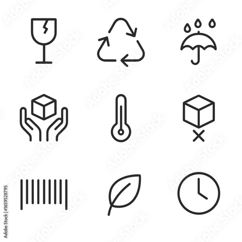 Packaging Symbol Icons. Outline icon set of packaging symbols: fragile, recycle, keep dry, handle with care, temperature sensitive