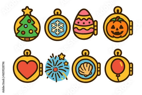 Holiday-Themed Lockets. Flat vector mini-illustrations holiday-themed lockets in colors children's illustrations: Christmas tree