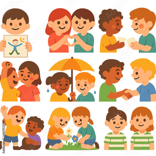 Kids Friendship Icons. Flat vector mini-illustrations special bonds in colors children's illustrations: child