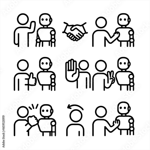 Human-Robot Gesture Icons. Outline icon set of human-robot interaction gestures: wave, handshake, point, thumbs up, stop, peace