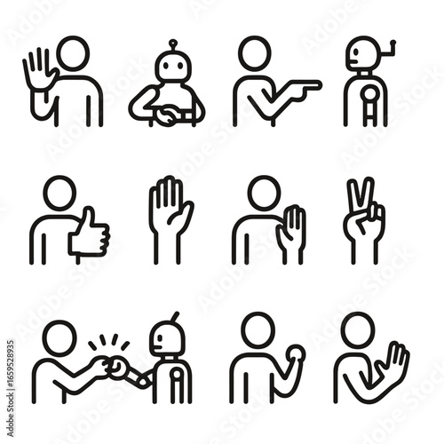 Human-Robot Gesture Icons. Outline icon set of human-robot interaction gestures: wave, handshake, point, thumbs up, stop, peace