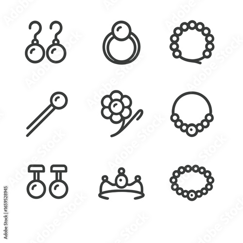 Pearl Fashion Icons. Outline icon set of pearl fashion: pearl earrings, pearl ring, pearl bracelet, pearl hairpin, pearl brooch,