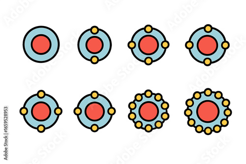 Periodic Table Illustrations. Flat vector mini-illustrations valence electrons in periodic table in colors children's
