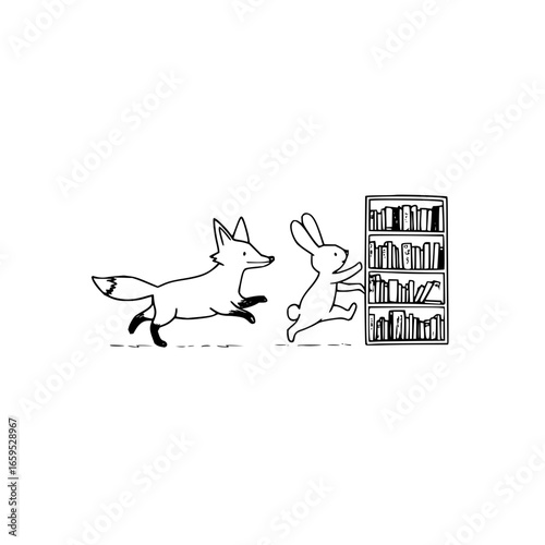 Fox chasing rabbit to bookshelf drawing vector illustration for kids story book design and learning 100