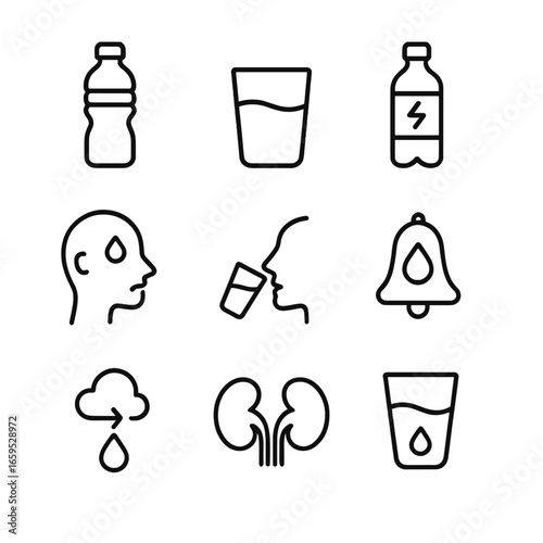 Hydration Icons Set. Outline icon set of hydration and fluids: water bottle, glass of water, electrolyte drink, sweat, thirst,