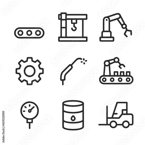 Industrial Machinery Icons. Outline icon set of industrial machinery: conveyor belt, factory crane, robotic arm, gear wheel,