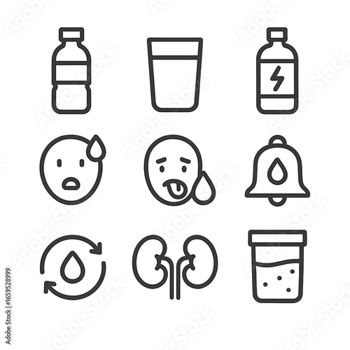 Hydration Icons Set. Outline icon set of hydration and fluids: water bottle, glass of water, electrolyte drink, sweat, thirst,