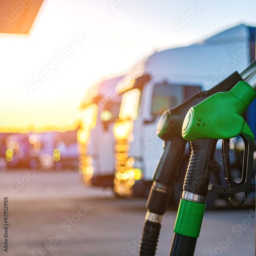 Trucks refueling at a gas station at sunset
