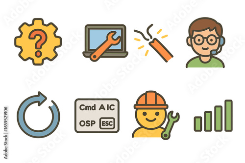 Kids Tech Support Icons. Flat vector mini-illustrations tech support help in colors children's illustrations: