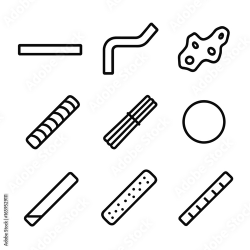 Iron Bar Icons. Outline icon set of iron bars: straight iron bar, bent iron bar, rusted iron bar, steel rebar, iron rod bundle,