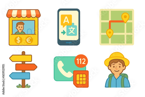 Kids Travel Icons. Flat vector mini-illustrations Navigating through foreign systems in colors children's