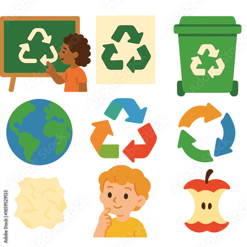 Kids Recycling Icons. Flat vector mini-illustrations kids learning to recycle in colors children's