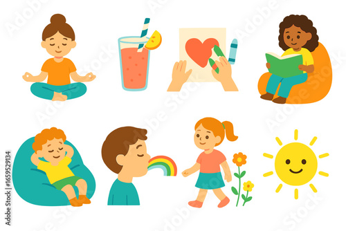 Kids Wellness Retreat Icons. Flat vector mini-illustrations Kids' wellness mini-retreat in colors children's