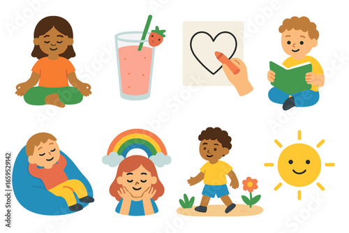 Kids Wellness Retreat Icons. Flat vector mini-illustrations Kids' wellness mini-retreat in colors children's