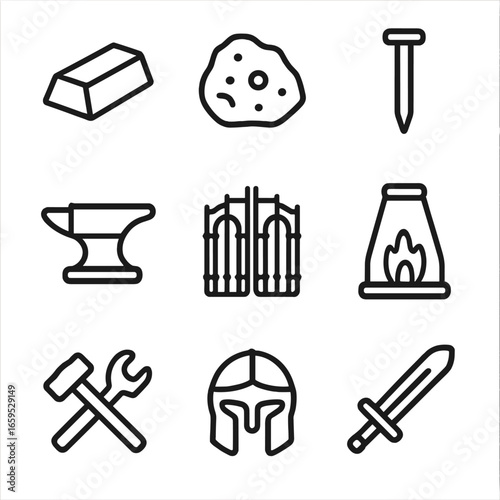 Iron Icon Set. Outline icon set of iron (Fe) related objects: iron ingot, iron ore, iron nail, iron anvil, iron gate, iron furnace
