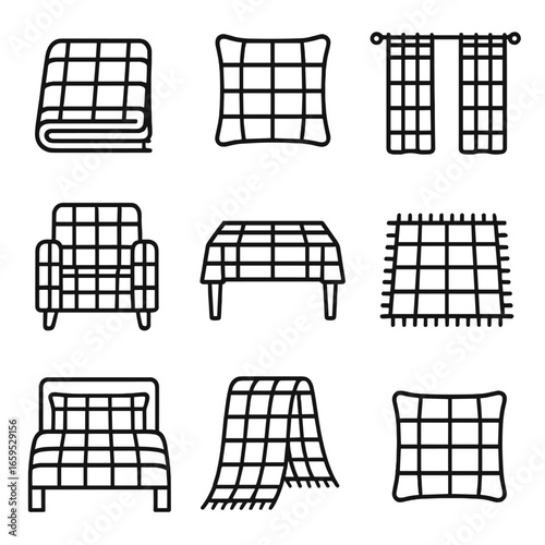Plaid Textile Icons. Outline icon set of plaid home textiles: plaid blanket, plaid pillow, plaid curtains, plaid upholstery, plaid