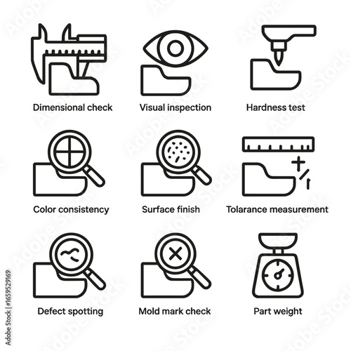 Plastic Part Inspection Icons. Outline icon set of plastic part inspection: dimensional check, visual inspection, hardness test,