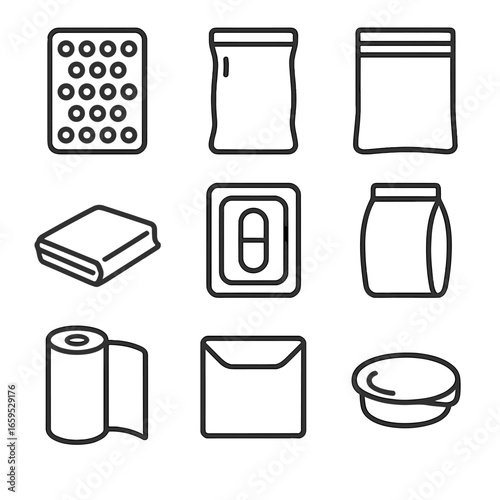 Plastic Packaging Icons. Outline icon set of soft plastic packaging: bubble wrap, plastic pouch, resealable bag, shrink wrap,