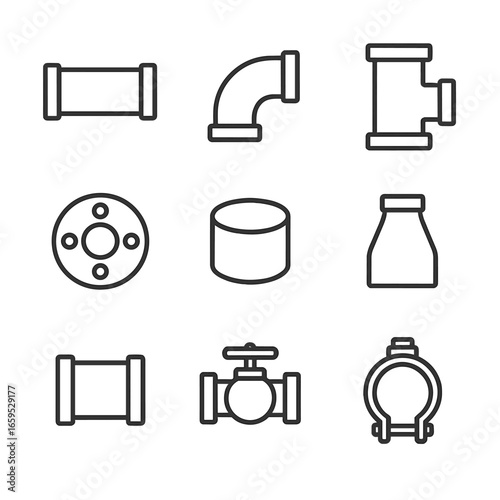 Iron Pipe Icon Set. Outline icon set of iron pipe components: straight pipe, elbow joint, T-joint, flange, pipe cap, reducer,