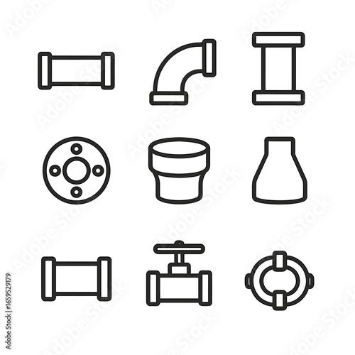 Iron Pipe Icon Set. Outline icon set of iron pipe components: straight pipe, elbow joint, T-joint, flange, pipe cap, reducer,