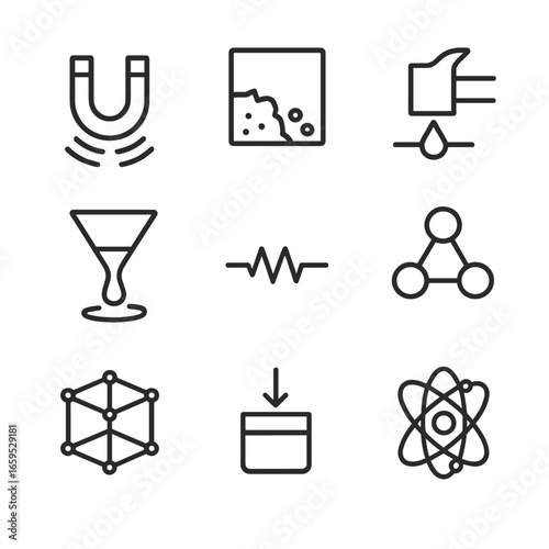 Iron Properties Icons. Outline icon set of iron properties: magnetic field, rust, hardness, melting point, conductivity, alloy,