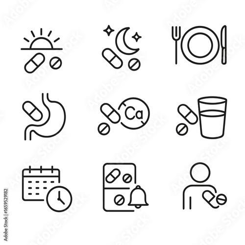 Iron Supplement Icons. Outline icon set of iron supplement intake timing: morning, evening, with food, empty stomach, avoid