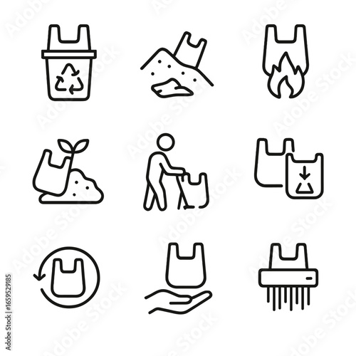 Plastic Disposal Icons. Outline icon set of plastic bag disposal methods: recycling bin, landfill, incineration, composting,